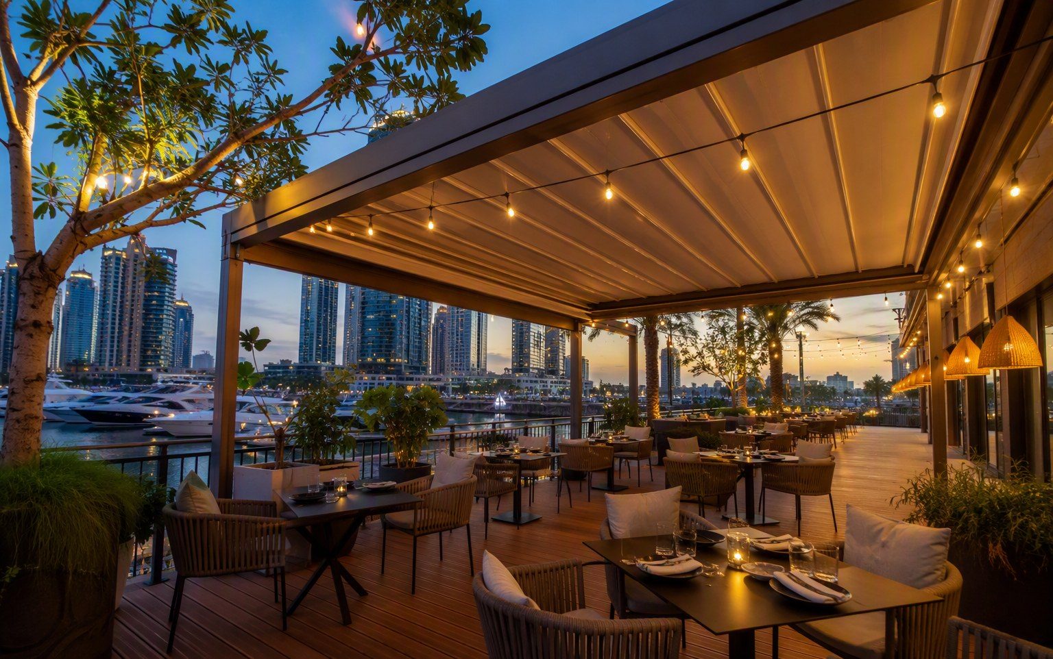 Aluminium pergola with retractable fabric roof at a UAE restaurant by Al Hamra Industries